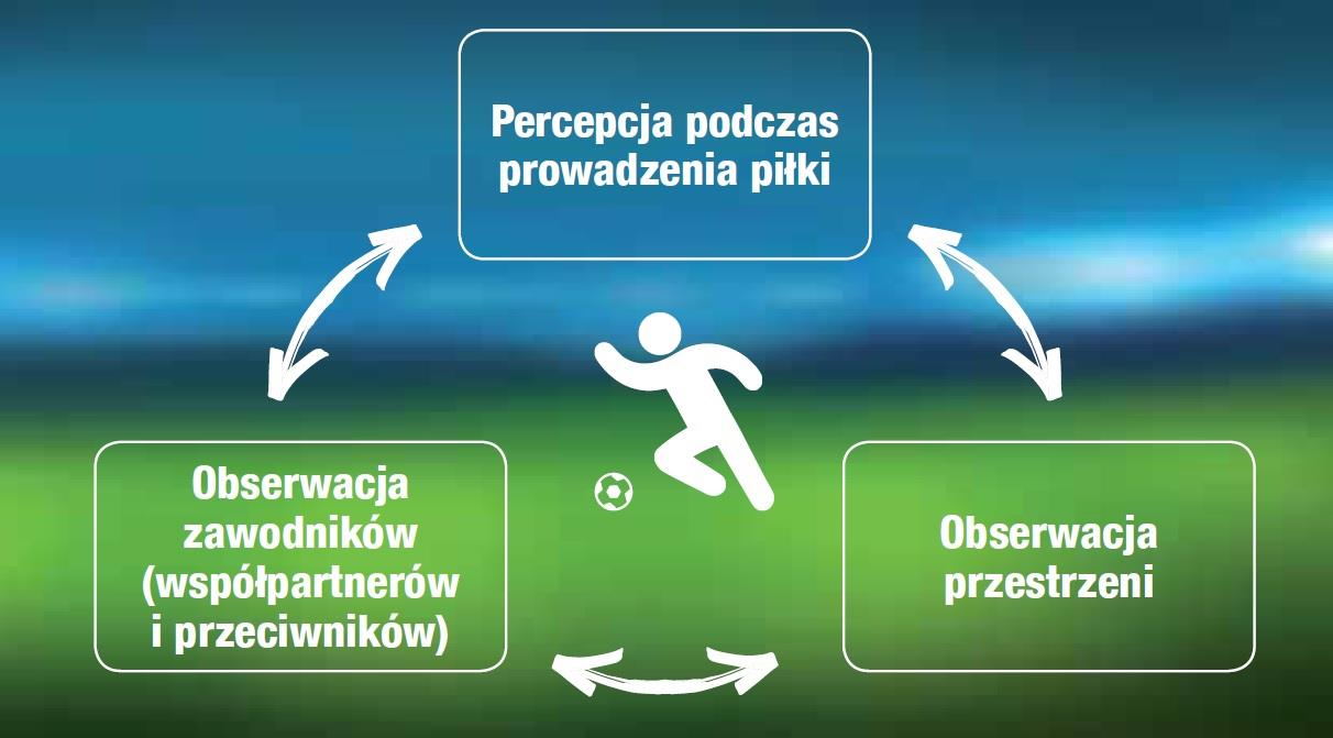 PERCEPCJA PODCZAS PROWADZENIA PIŁKI BODŹCE SŁUCHOWE: reakcja na sygnał: gwizdek, komunikat werbalny (graj, czas plecy, prowadź) BODŹCE WZROKOWE: reakcja na kolor: