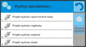 Ustawienia dla wydruków nagłówka, ważenia i stopki podane są w pkt. 14.5, poniżej pokazano ustawienia dla raportu kontroli masy. Użytkownik może zaprojektować zawartości raportu.