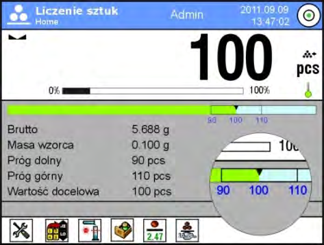 Nacisnąć szare pole Info, a następnie pole <Przyciski>. Przypisać do jednego z przycisków ekranowych opcję <Progi Doważania>. Wrócić do funkcji liczenia detali.