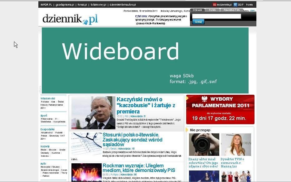 4. Wideboard Reklama w formie prostokąta o wymiarach 940x300 pikseli, emitowana na górze strony pod winietą. Może mied postad statyczną lub animowaną. Typ: Obrazek 1.