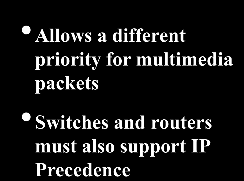 QoS - IP Precedence IP Packet Header Type of Service Byte Precedence D T R Reserved for Future Use