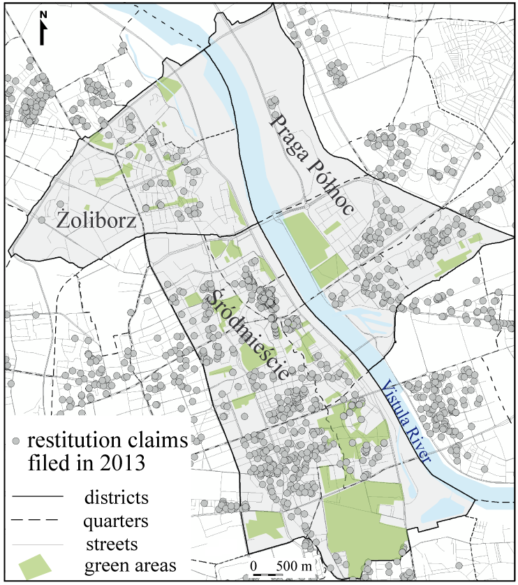 Nacjonalizacja i reprywatyzacja w Warszawie (2) Lokalizacja nieruchomości w stosunku do których złożono wnioski o zwrot (stan na 2013 r.) Dekret Bieruta (1945), 40 tys.