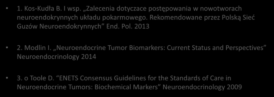 Piśmiennictwo 1. Kos-Kudła B. I wsp. Zalecenia dotyczace postępowania w nowotworach neuroendokrynnych układu pokarmowego. Rekomendowane przez Polską Sieć Guzów Neuroendokrynnych End. Pol. 2013 2.