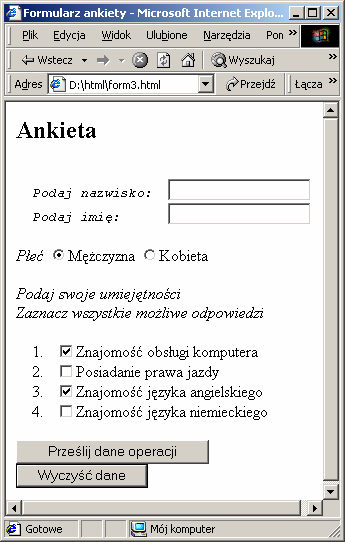 3.2. Przycisk przywracający wartości domyślne i czyszczący pozostałe pola formularza, lista pól wyboru -<input type="reset" > Rys.11