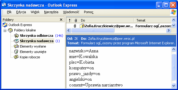 3.6. Przesyłanie zawartości formularza pocztą elektroniczną np. <form method="post" action="mailto:zofia.kruczkiewicz@pwr.wroc.pl" enctype="text/plain"> Rys.18.