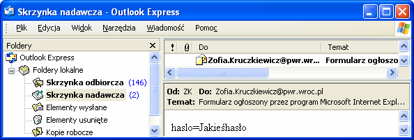 3.7. Pole typu input z atrybutem password Rys. 21. Wprowadzone hasło ukryte jedynie przez zamaskowanie znaków Rys.22. Hasło jest już widoczne podczas przesyłania np. pocztą elektroniczną <!