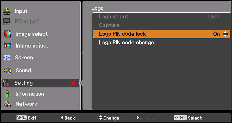 Menu Ustawienia Wprowadzanie kodu PIN logotypu Do wprowadzania poszczególnych cyfr kodu użyj przycisków.