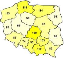 Wskaźniki ciężkości wypadków w rozbiciu na poszczególne powiaty, przedstawiono w tabeli 14.