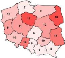 2013 (średnia krajowa - 9) 2014 (średnia krajowa - 8) Rys.5. Wskaźnik demograficzny określający liczbę ofiar śmiertelnych na 100 tyś.