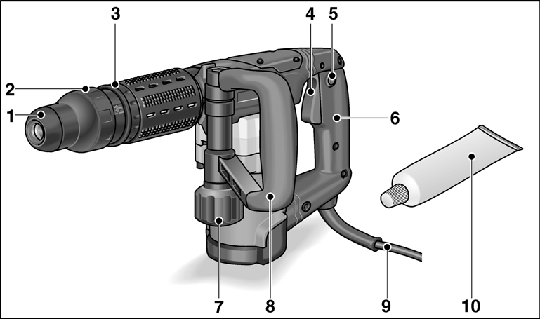 Opis urz¹dzenia 1 Kołpak chroni¹cy przed pyłem 2 Tulejka blokuj¹ca 3 Pierœcieñ obrotowy do nastawiania młota 4 Przeł¹cznik 5 Przycisk ustalaj¹cy 6 Uchwyt 7