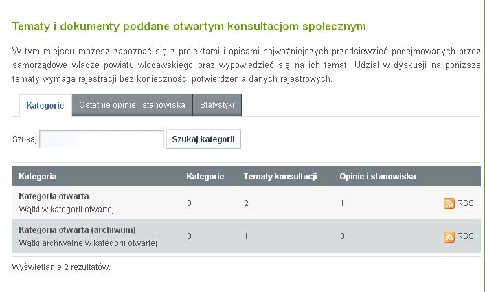 6. Obsługa konsultacji otwartych i zamkniętych Rysunek 6: Konsultacje Konsultacje, zarówno zamknięte jak i otwarte, są podzielone na dwie kategorie: Aktualne tematy dyskusje aktualnie otwarte z