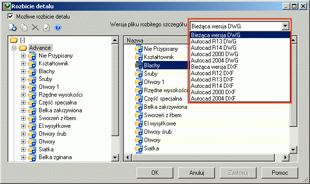 Zarządaca dokumentów DM 1: Rozbij wsad: wybór wersji AutoCAD Używając nowej opcji z okna dialogowego, można wybrać wersje rozbitego pliku AutoCAD.