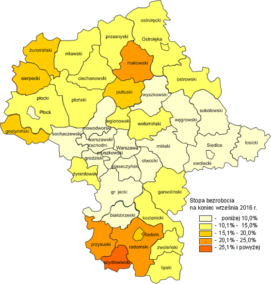 Rysunek 1 Stopa bezrobocia na koniec września 2016 r. Źródło: opracowanie GUS Bezrobotni oraz stopa bezrobocia według województw, podregionów i powiatów wrzesień 2016 r.