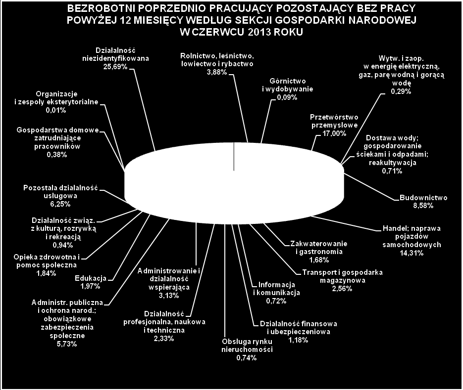 W odniesieniu do czerwca 2012 roku spadek liczby bezrobotnych pozostających bez pracy powyżej 12 miesięcy odnotowano tylko w czterech sekcjach: rolnictwo, leśnictwo, łowiectwo i rybactwo o 218 osób