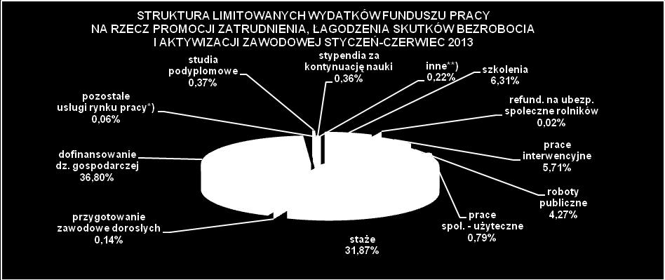 10. WYDATKI FUNDUSZU PRACY Zgodnie ze sprawozdawczością dotyczącą przychodów i wydatków Funduszu Pracy (MPiPS-02) w I półroczu 2013 roku - z Funduszu Pracy wydatkowano kwotę 415.606,5 tys. zł - o 115.