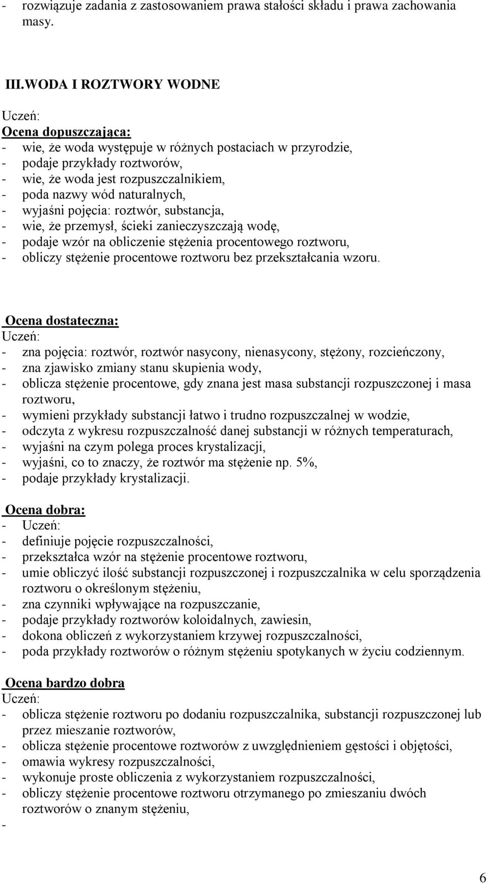 naturalnych, - wyjaśni pojęcia: roztwór, substancja, - wie, że przemysł, ścieki zanieczyszczają wodę, - podaje wzór na obliczenie stężenia procentowego roztworu, - obliczy stężenie procentowe