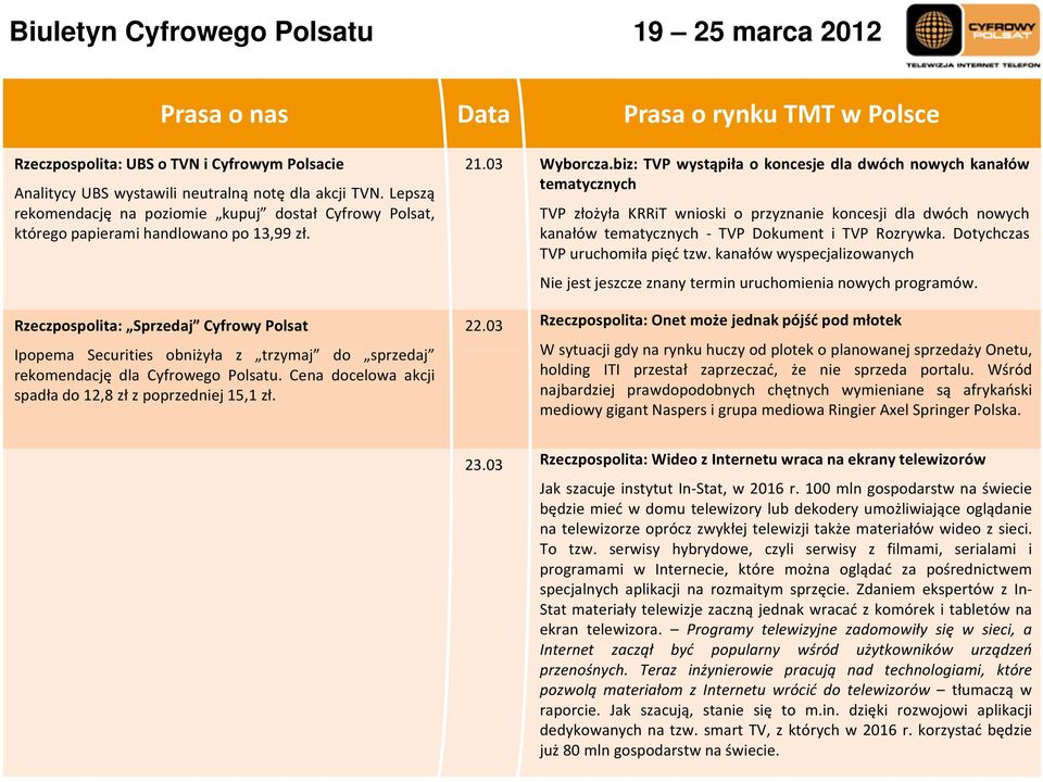 Lepszą rekomendację na poziomie kupuj dostał Cyfrowy Polsat, którego papierami handlowano po 13,99 zł.