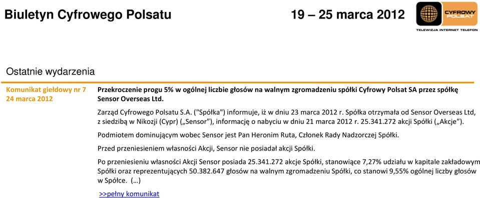 Spółka otrzymała od Sensor Overseas Ltd, z siedzibą w Nikozji (Cypr) )( Sensor ), informację o nabyciu w dniu 21 marca 2012 r. 25.341.272 akcji Spółki ( Akcje ).