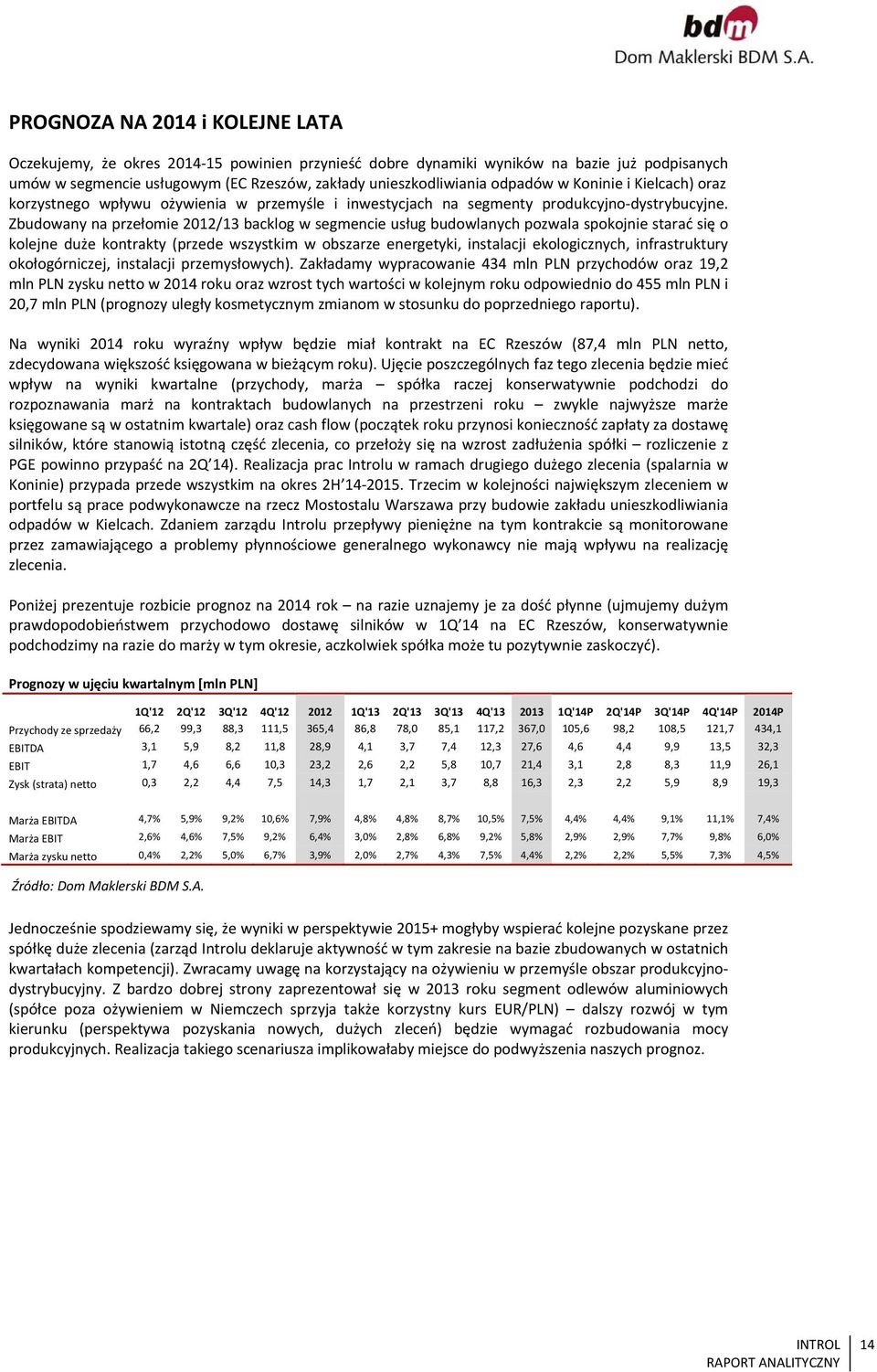 Zbudowany na przełomie 2012/13 backlog w segmencie usług budowlanych pozwala spokojnie starać się o kolejne duże kontrakty (przede wszystkim w obszarze energetyki, instalacji ekologicznych,