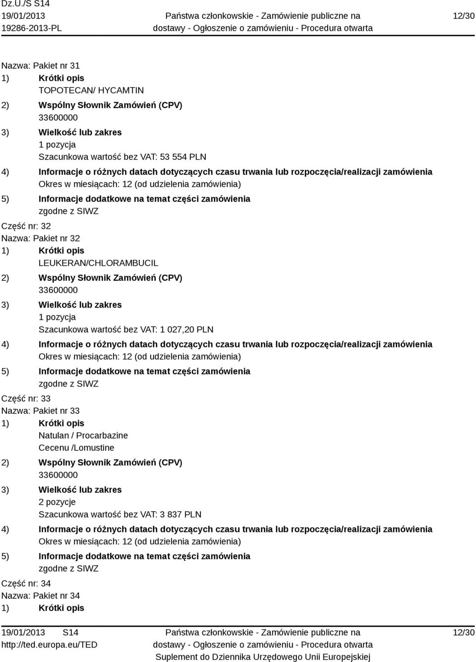 027,20 PLN Część nr: 33 Nazwa: Pakiet nr 33 Natulan / Procarbazine Cecenu /Lomustine