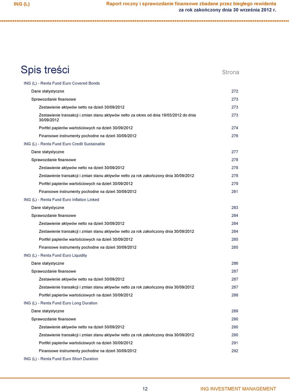 Dane statystyczne 277 Sprawozdanie finansowe 278 Zestawienie aktywów netto na dzień 30/09/2012 278 Zestawienie transakcji i zmian stanu aktywów netto za rok zakończony dnia 30/09/2012 278 Portfel