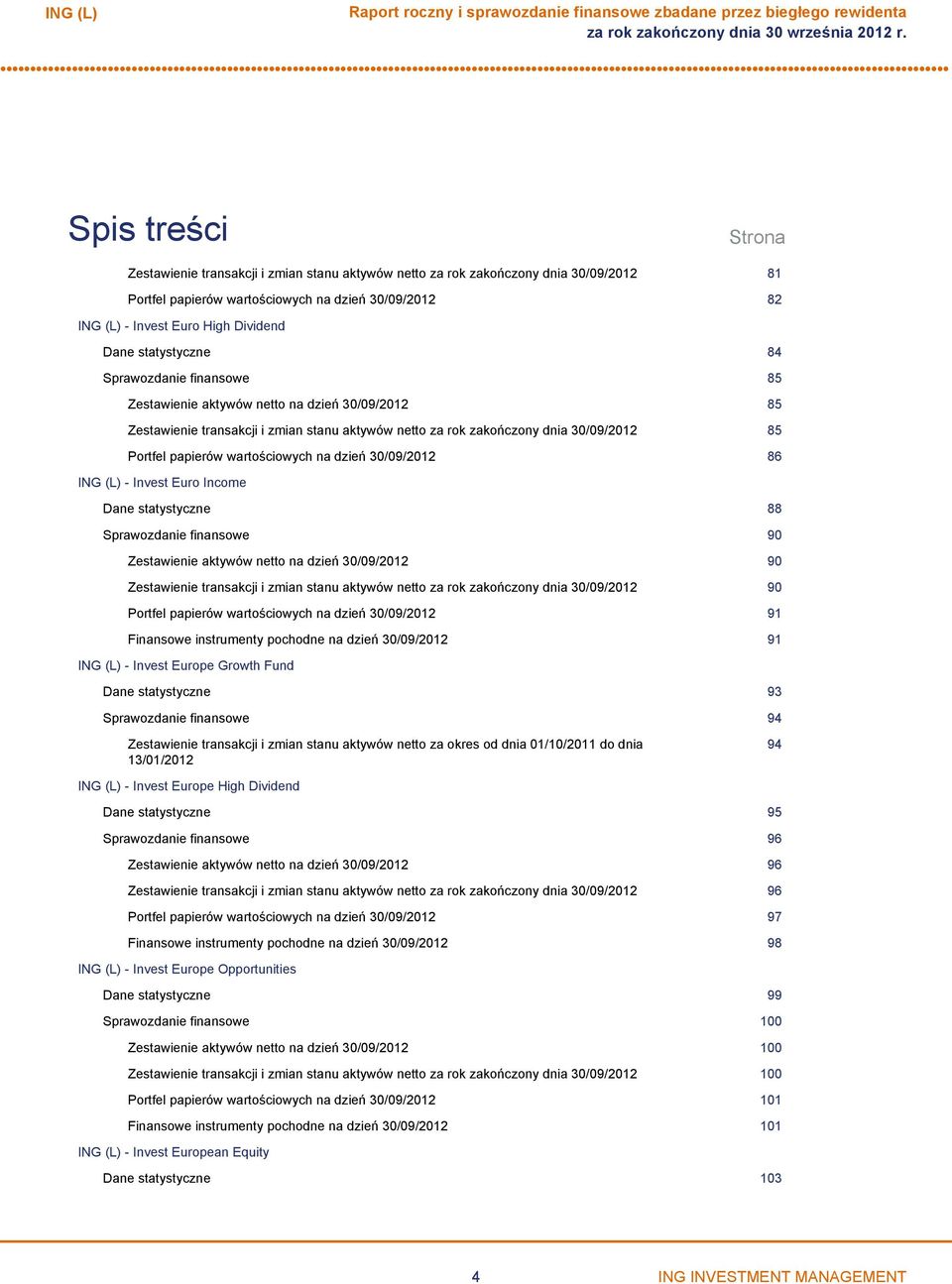 wartościowych na dzień 30/09/2012 86 Invest Euro Income Dane statystyczne 88 Sprawozdanie finansowe 90 Zestawienie aktywów netto na dzień 30/09/2012 90 Zestawienie transakcji i zmian stanu aktywów