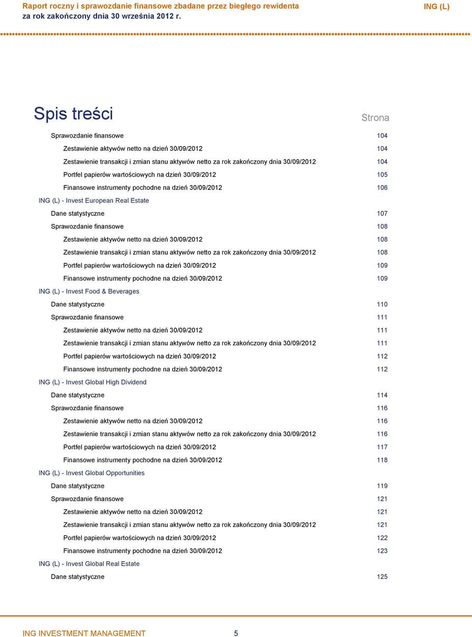 netto na dzień 30/09/2012 108 Zestawienie transakcji i zmian stanu aktywów netto za rok zakończony dnia 30/09/2012 108 Portfel papierów wartościowych na dzień 30/09/2012 109 Finansowe instrumenty