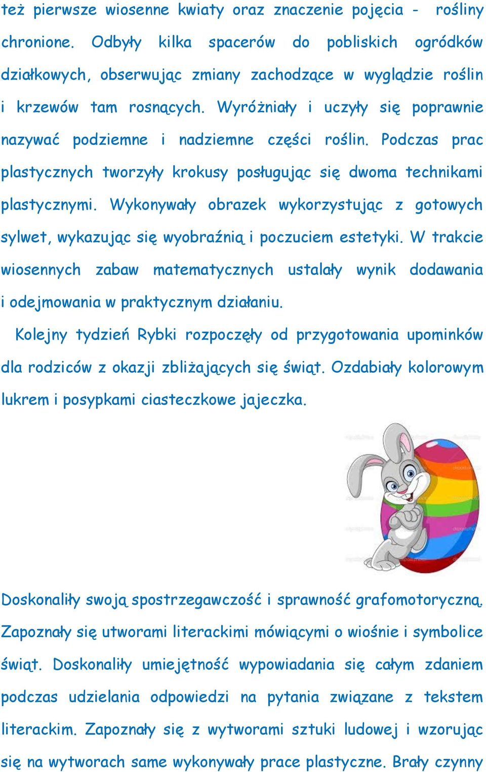 Wyróżniały i uczyły się poprawnie nazywać podziemne i nadziemne części roślin. Podczas prac plastycznych tworzyły krokusy posługując się dwoma technikami plastycznymi.