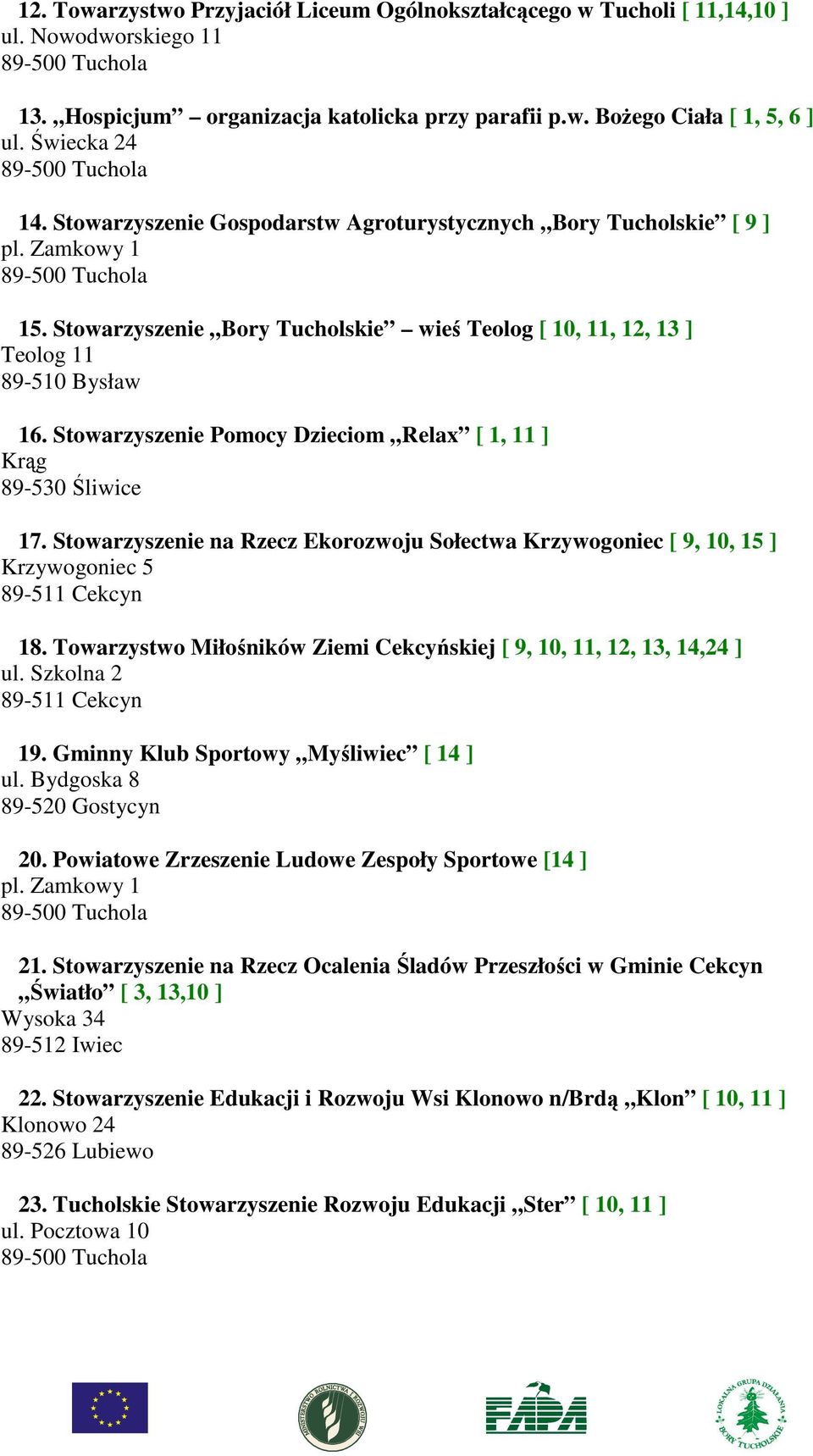 Stowarzyszenie Pomocy Dzieciom Relax [ 1, 11 ] Krąg 89-530 Śliwice 17. Stowarzyszenie na Rzecz Ekorozwoju Sołectwa Krzywogoniec [ 9, 10, 15 ] Krzywogoniec 5 89-511 Cekcyn 18.