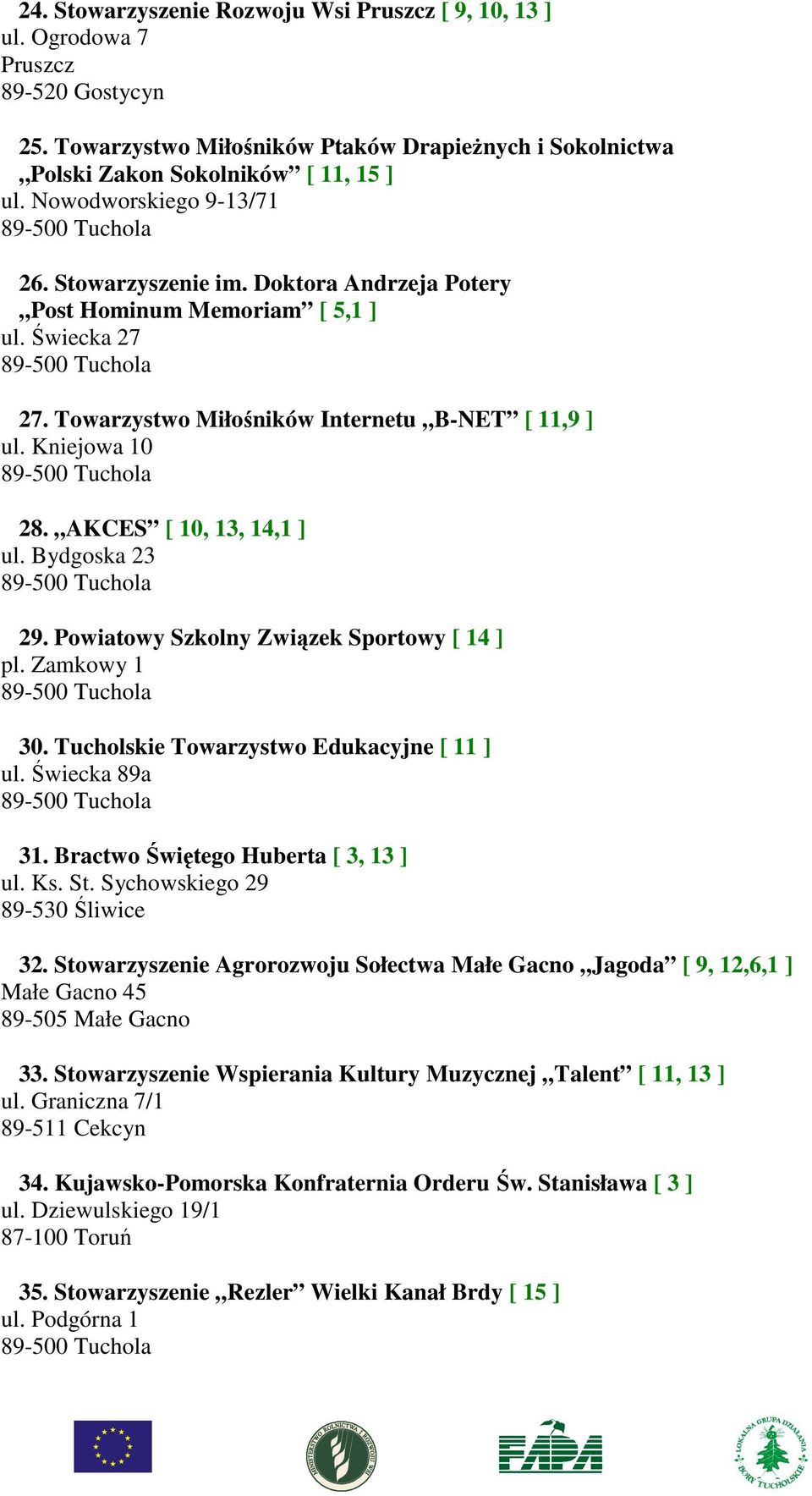 AKCES [ 10, 13, 14,1 ] ul. Bydgoska 23 29. Powiatowy Szkolny Związek Sportowy [ 14 ] pl. Zamkowy 1 30. Tucholskie Towarzystwo Edukacyjne [ 11 ] ul. Świecka 89a 31.