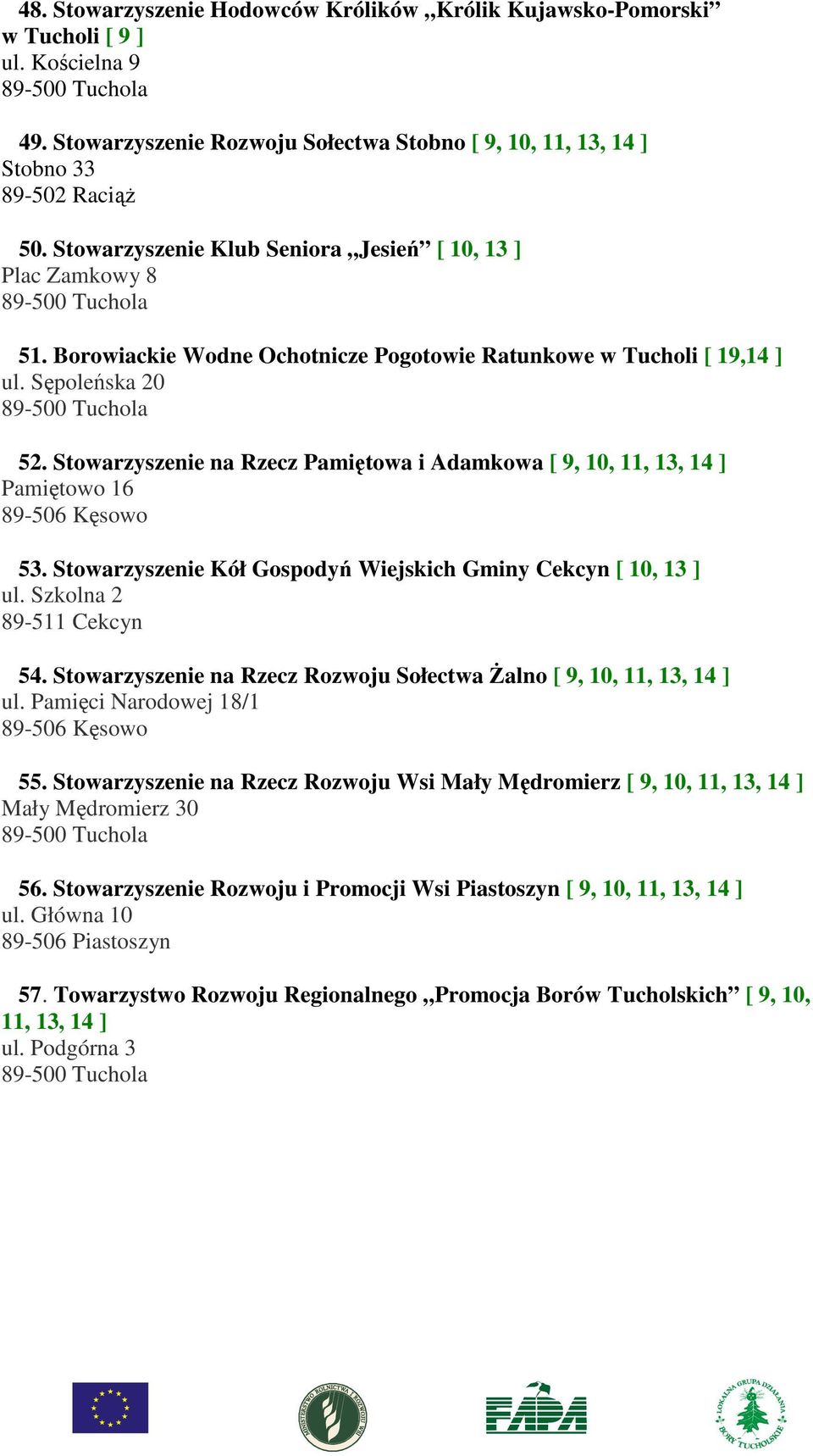 Stowarzyszenie na Rzecz Pamiętowa i Adamkowa [ 9, 10, 11, 13, 14 ] Pamiętowo 16 89-506 Kęsowo 53. Stowarzyszenie Kół Gospodyń Wiejskich Gminy Cekcyn [ 10, 13 ] ul. Szkolna 2 89-511 Cekcyn 54.