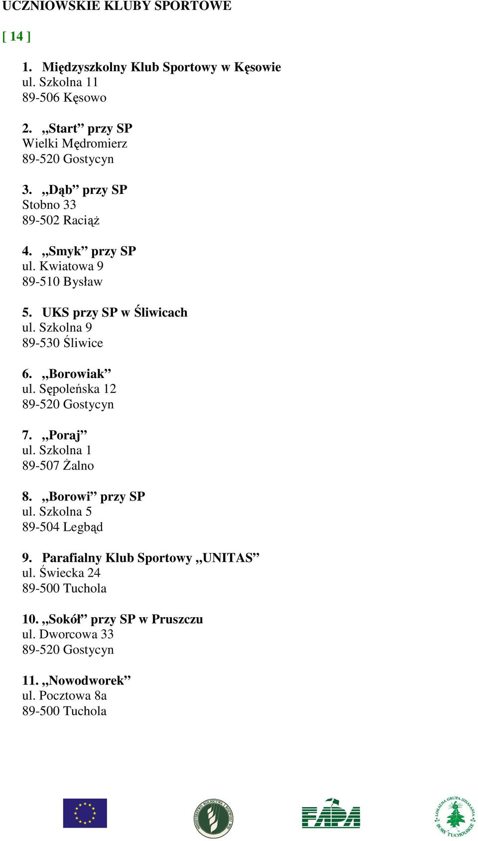 UKS przy SP w Śliwicach ul. Szkolna 9 89-530 Śliwice 6. Borowiak ul. Sępoleńska 12 7. Poraj ul. Szkolna 1 89-507 Żalno 8.