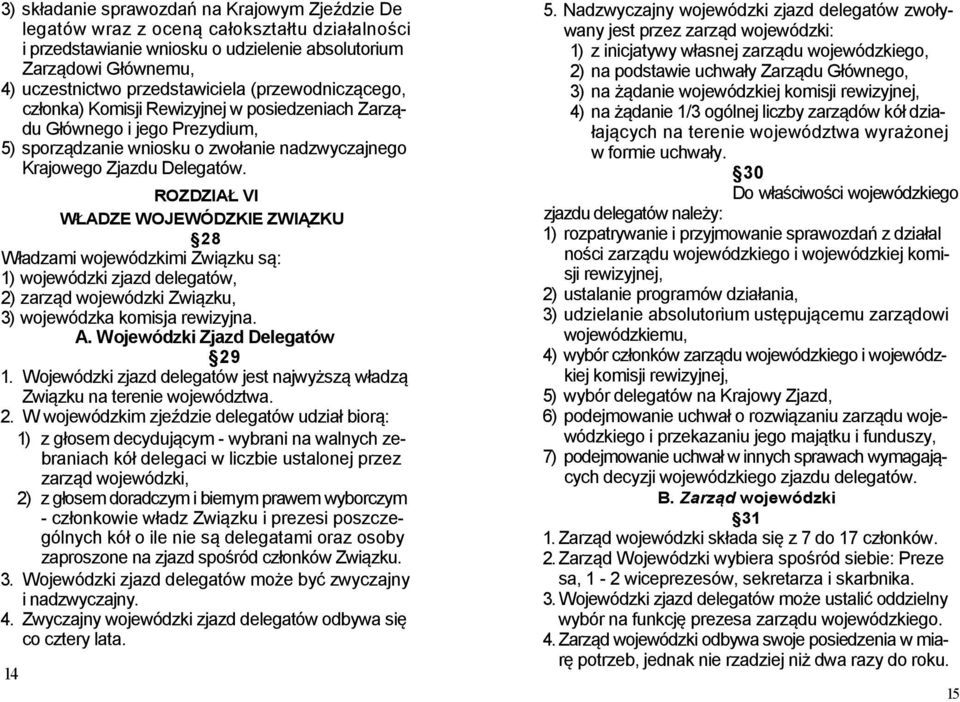ROZDZIAŁ VI WŁADZE WOJEWÓDZKIE ZWIĄZKU 28 Władzami wojewódzkimi Związku są: 1) wojewódzki zjazd delegatów, 2) zarząd wojewódzki Związku, 3) wojewódzka komisja rewizyjna. A.