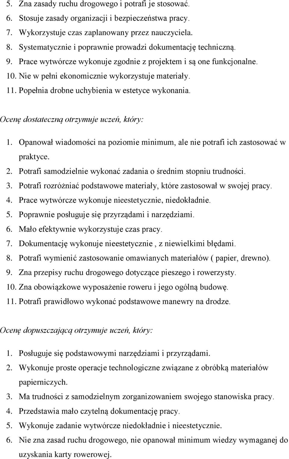 Popełnia drobne uchybienia w estetyce wykonania. Ocenę dostateczną otrzymuje uczeń, który: 1. Opanował wiadomości na poziomie minimum, ale nie potrafi ich zastosować w praktyce. 2.