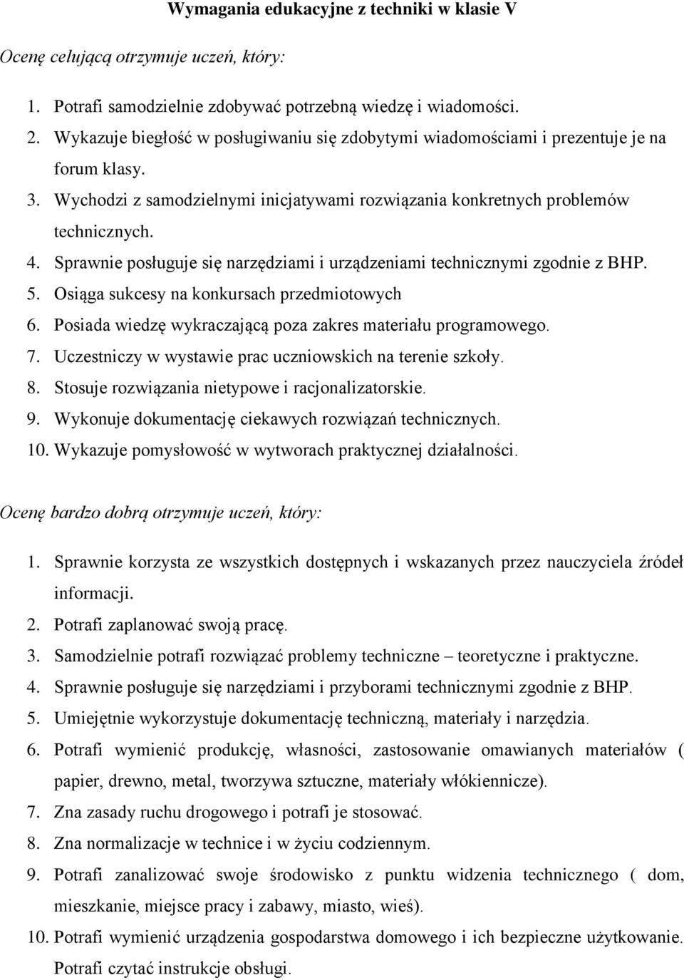 Sprawnie posługuje się narzędziami i urządzeniami technicznymi zgodnie z BHP. 5. Osiąga sukcesy na konkursach przedmiotowych 6. Posiada wiedzę wykraczającą poza zakres materiału programowego. 7.