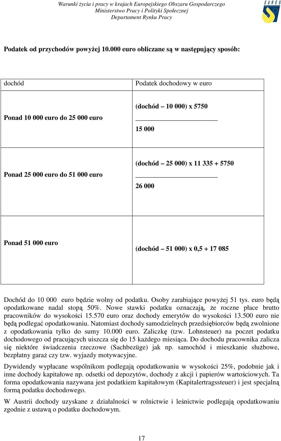 5750 26 000 Ponad 51 000 euro (dochód 51 000) x 0,5 + 17 085 Dochód do 10 000 euro będzie wolny od podatku. Osoby zarabiające powyŝej 51 tys. euro będą opodatkowane nadal stopą 50%.