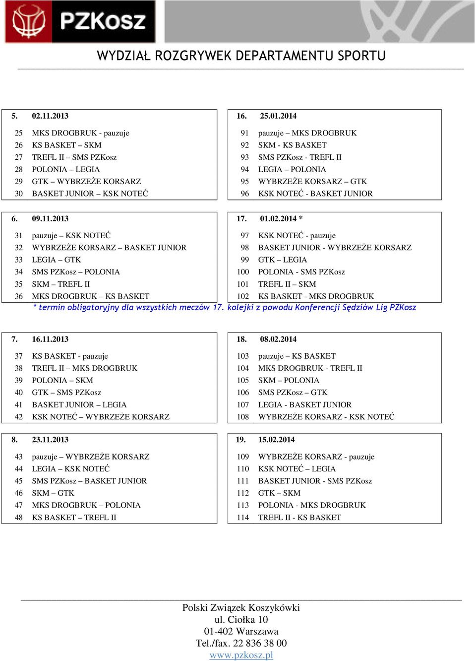 2014 25 MKS DROGBRUK - pauzuje 91 pauzuje MKS DROGBRUK 26 KS BASKET SKM 92 SKM - KS BASKET 27 TREFL II SMS PZKosz 93 SMS PZKosz - TREFL II 28 POLONIA LEGIA 94 LEGIA POLONIA 29 GTK WYBRZEŻE KORSARZ 95