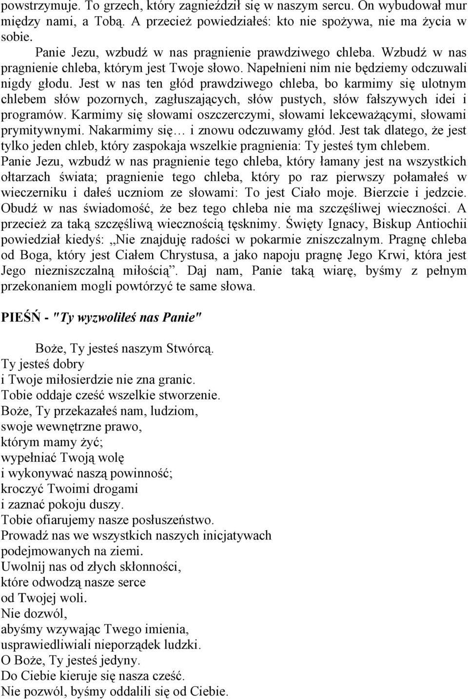 Jest w nas ten głód prawdziwego chleba, bo karmimy się ulotnym chlebem słów pozornych, zagłuszających, słów pustych, słów fałszywych idei i programów.