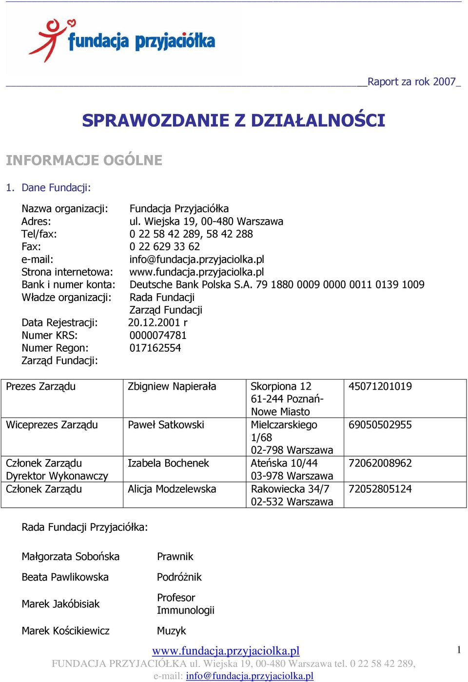 79 1880 0009 0000 0011 0139 1009 Władze organizacji: Rada Fundacji Zarząd Fundacji Data Rejestracji: 20.12.