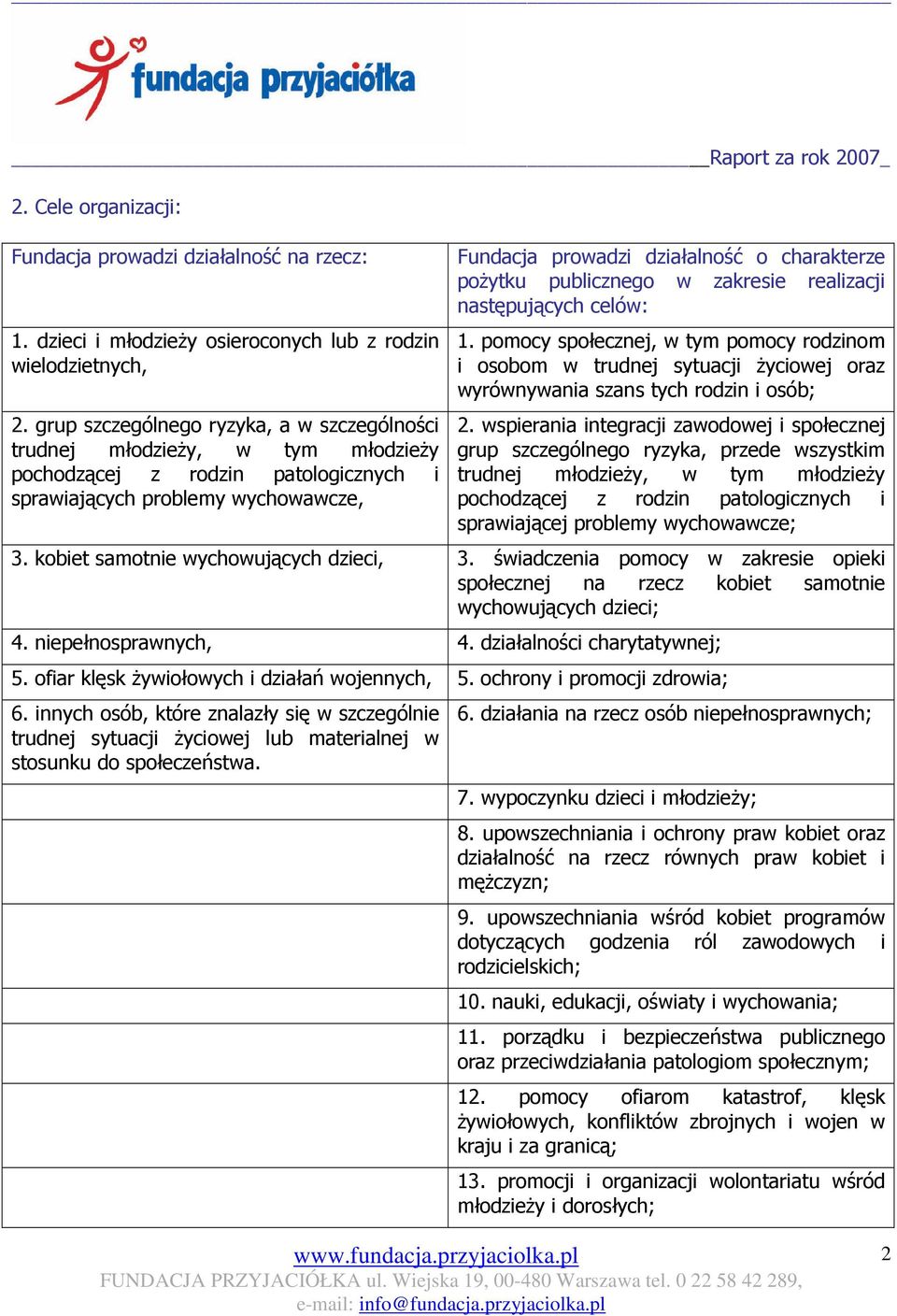 poŝytku publicznego w zakresie realizacji następujących celów: 1. pomocy społecznej, w tym pomocy rodzinom i osobom w trudnej sytuacji Ŝyciowej oraz wyrównywania szans tych rodzin i osób; 2.
