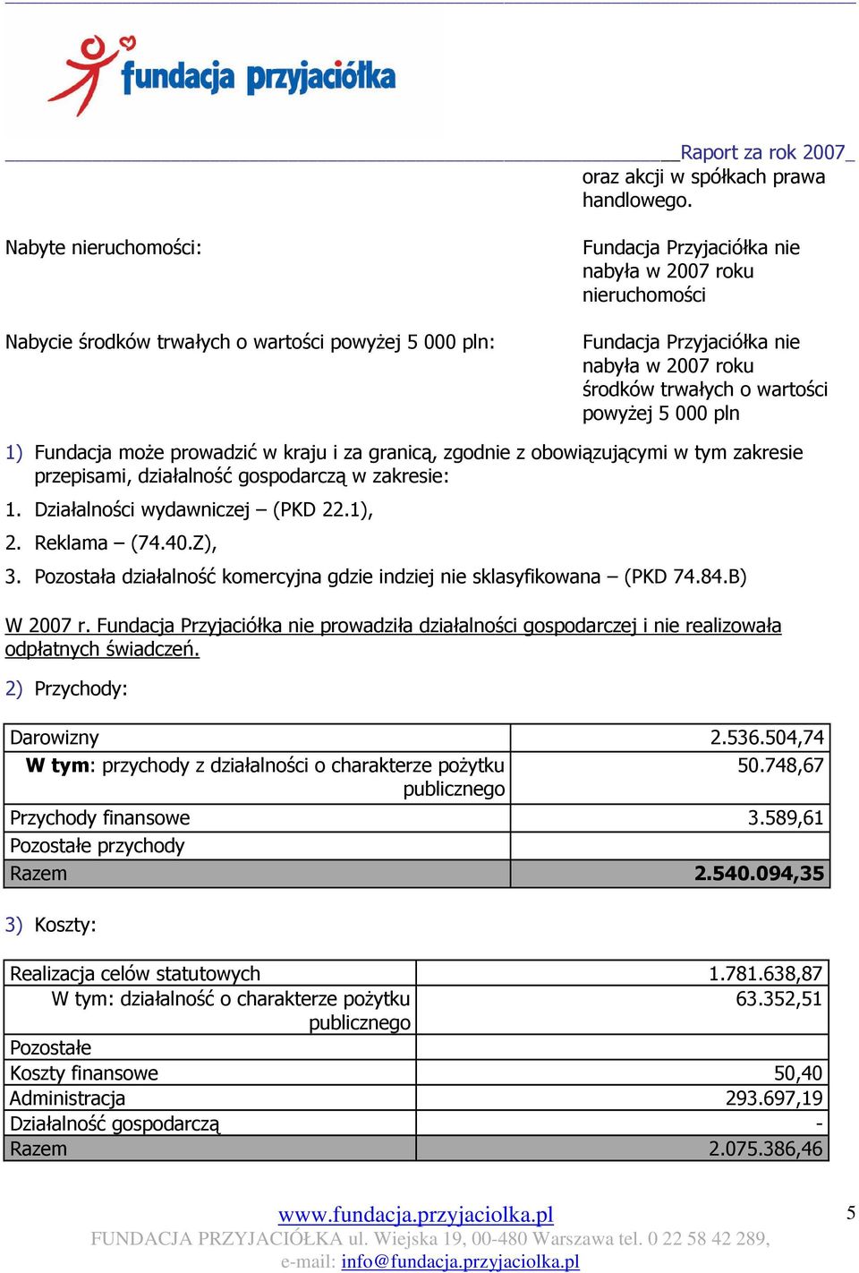 wartości powyŝej 5 000 pln 1) Fundacja moŝe prowadzić w kraju i za granicą, zgodnie z obowiązującymi w tym zakresie przepisami, działalność gospodarczą w zakresie: 1. Działalności wydawniczej (PKD 22.