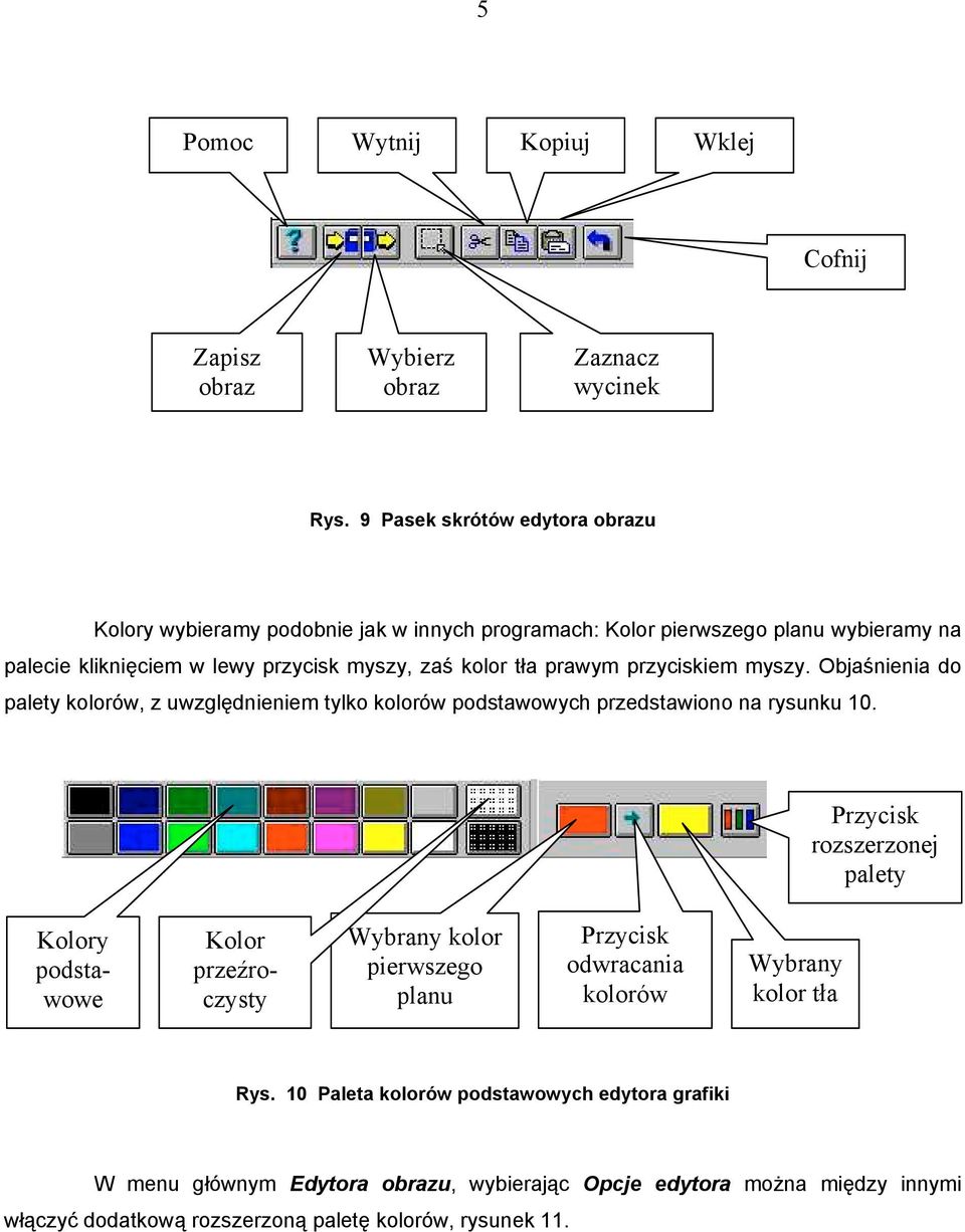 prawym przyciskiem myszy. Objaśnienia do palety kolorów, z uwzględnieniem tylko kolorów podstawowych przedstawiono na rysunku 10.