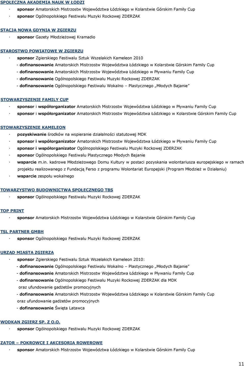 Ogólnopolskiego Festiwalu Muzyki Rockowej ZDERZAK - dofinansowanie Ogólnopolskiego Festiwalu Wokalno Plastycznego Młodych Bajanie STOWARZYSZENIE FAMILY CUP sponsor i współorganizator Amatorskich