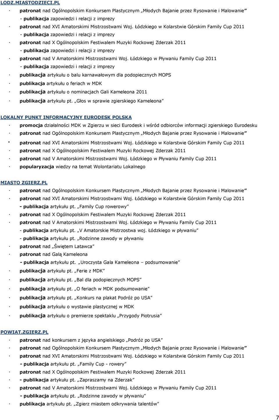 wiedzy na temat Wolontariatu Lokalnego MIASTO ZGIERZ.PL - publikacja artykułu pt. Family Cup rowerowy - publikacja artykułu pt. V Amatorskie Mistrzostwa woj.