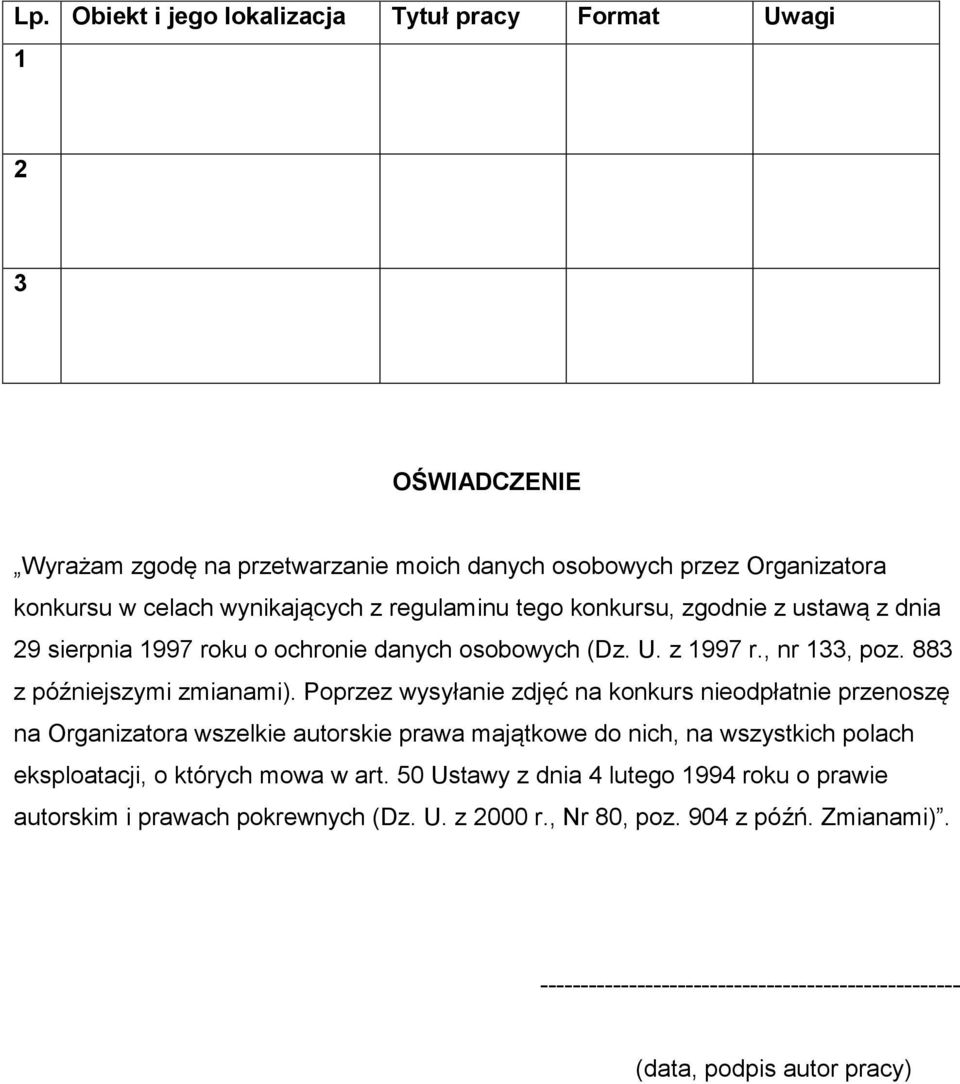 Poprzez wysyłanie zdjęć na konkurs nieodpłatnie przenoszę na Organizatora wszelkie autorskie prawa majątkowe do nich, na wszystkich polach eksploatacji, o których mowa w art.