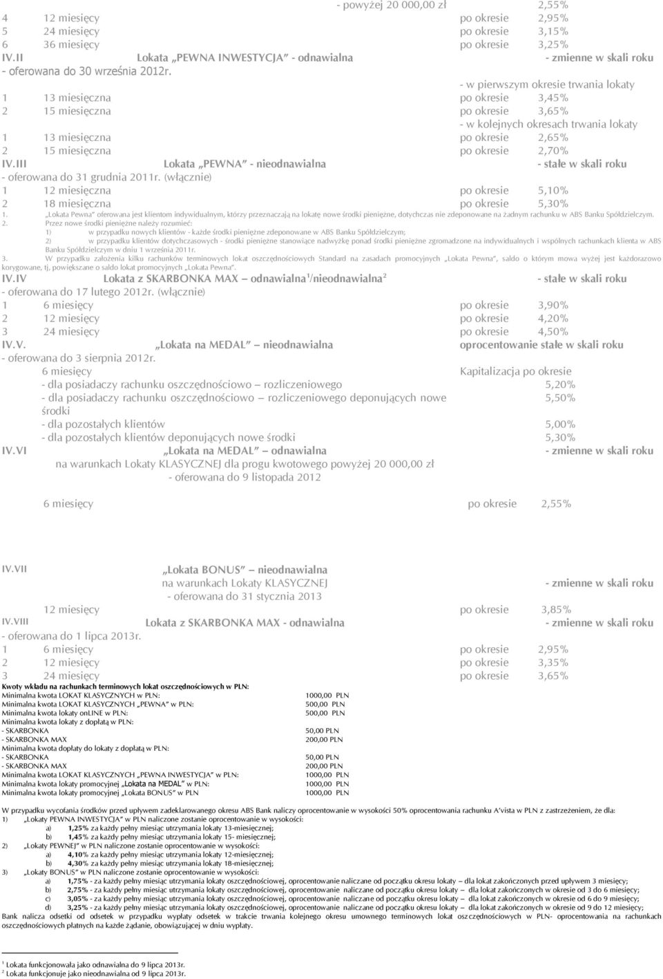 okresie 2,70% IV.III Lokata PEWNA - nieodnawialna - stałe w skali roku - oferowana do 31 grudnia 2011r. (włącznie) 1 12 miesięczna po okresie 5,10% 2 18 miesięczna po okresie 5,30% 1.