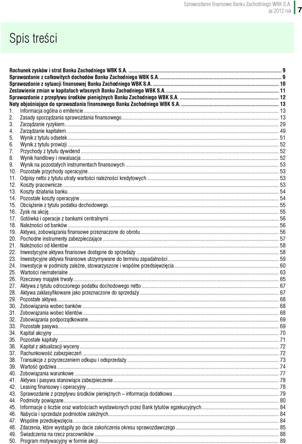 A.... 13 1. Informacja ogólna o emitencie... 13 2. Zasady sporządzania sprawozdania finansowego... 13 3. Zarządzanie ryzykiem... 29 4. Zarządzanie kapitałem... 49 5. Wynik z tytułu odsetek... 51 6.