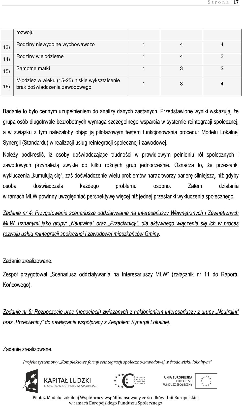 Przedstawione wyniki wskazują, że grupa osób długotrwale bezrobotnych wymaga szczególnego wsparcia w systemie reintegracji społecznej, a w związku z tym należałoby objąć ją pilotażowym testem