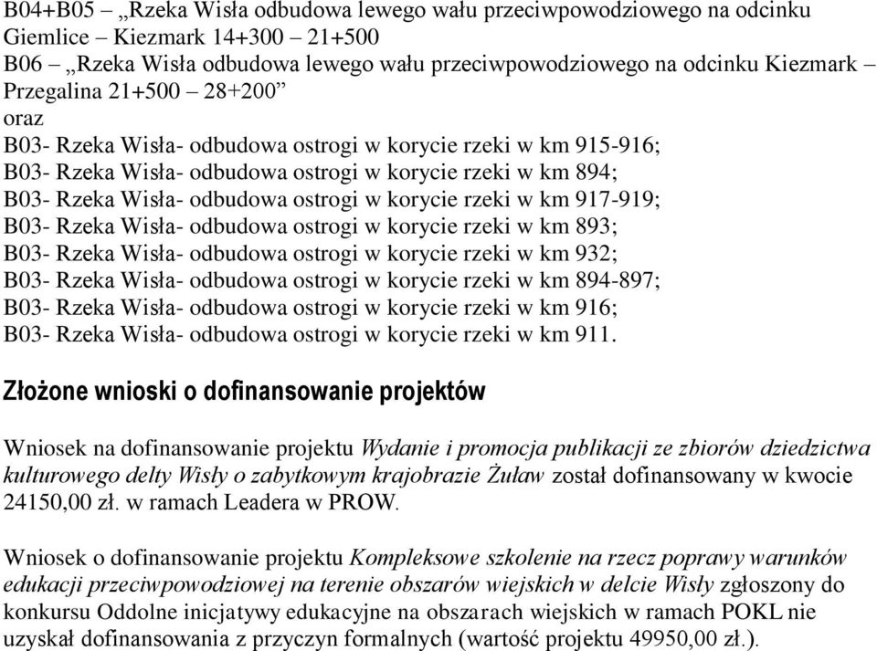 917-919; B03- Rzeka Wisła- odbudowa ostrogi w korycie rzeki w km 893; B03- Rzeka Wisła- odbudowa ostrogi w korycie rzeki w km 932; B03- Rzeka Wisła- odbudowa ostrogi w korycie rzeki w km 894-897;