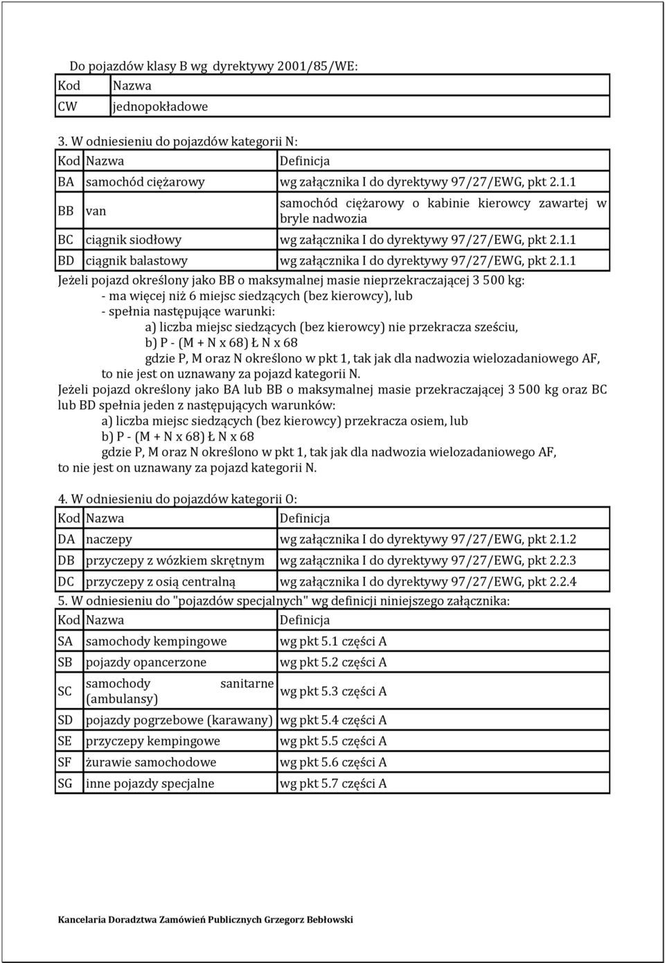 kierowcy), lub - spełnia następujące warunki: a) liczba miejsc siedzących (bez kierowcy) nie przekracza sześciu, b) P - (M + N x 68) Ł N x 68 gdzie P, M oraz N określono w pkt 1, tak jak dla nadwozia